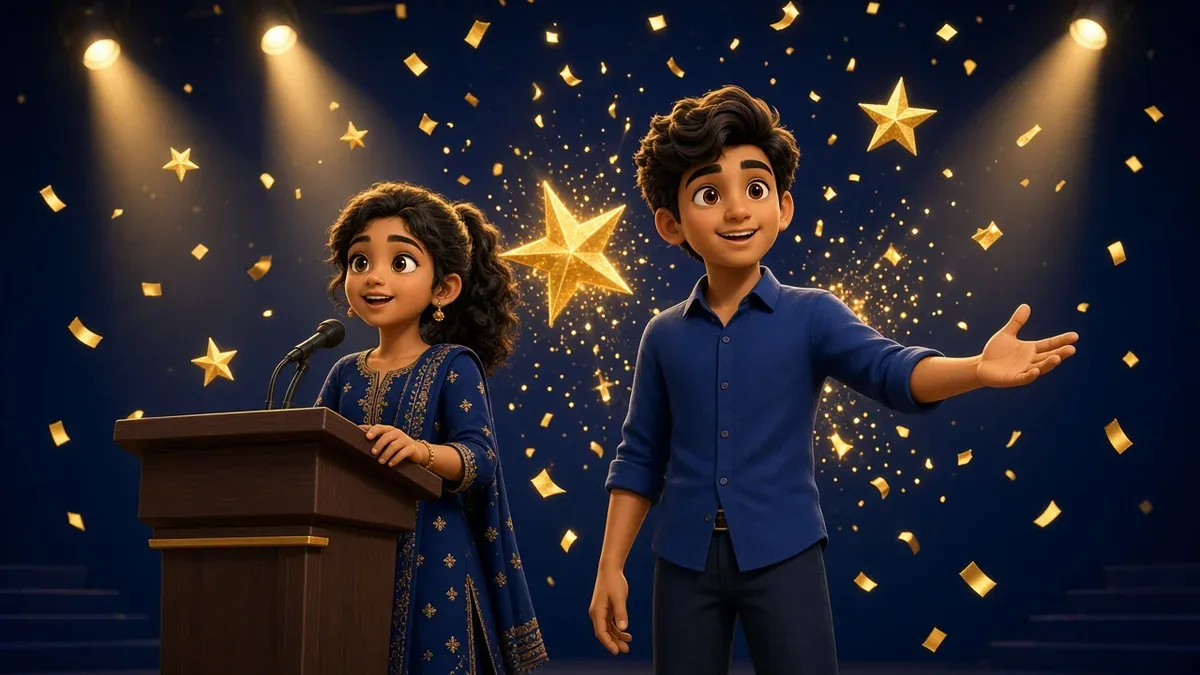 Two children confidently owning a spotlit stage